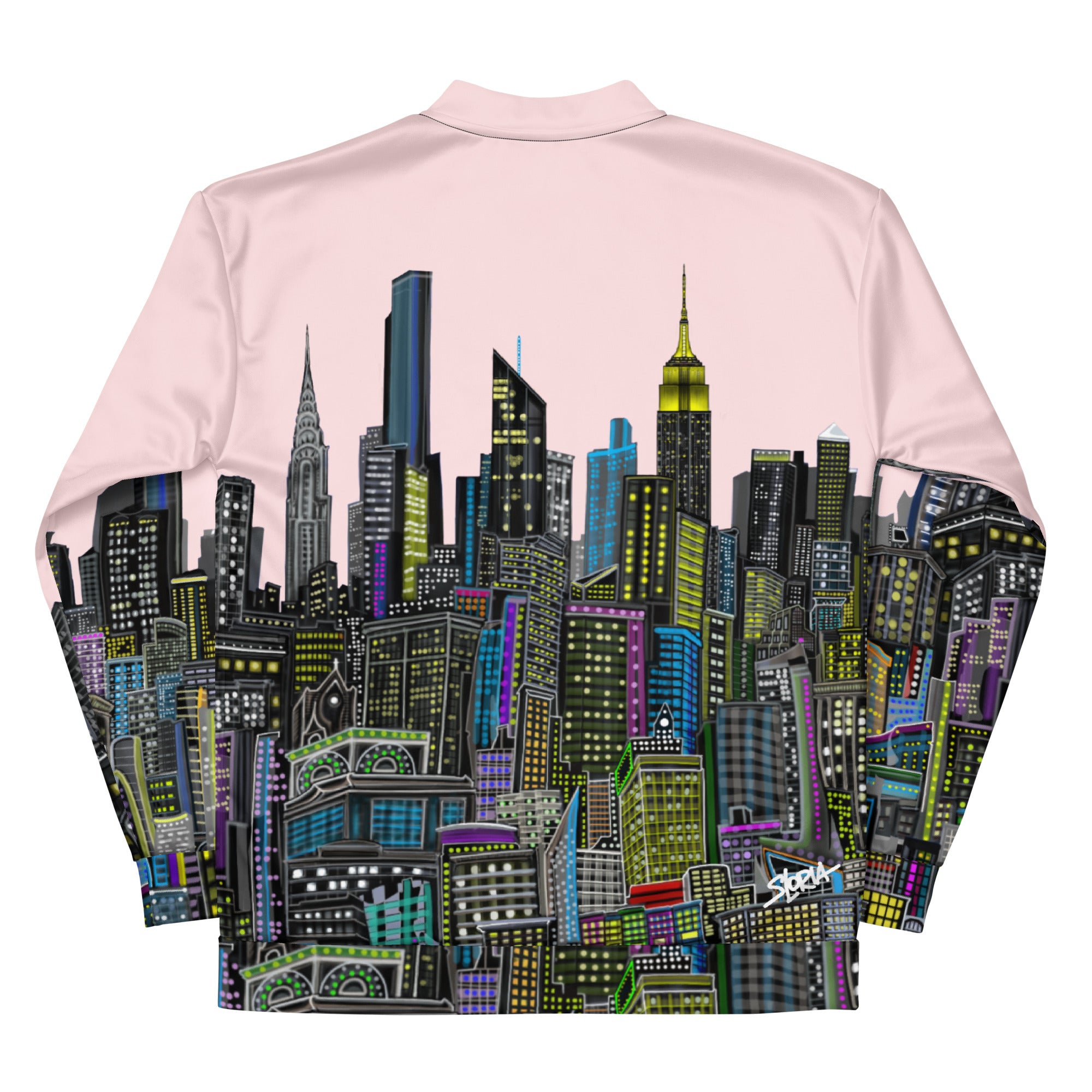 Back view of pink jacket with a colorful cityscape design by Loria NYC Art on the back