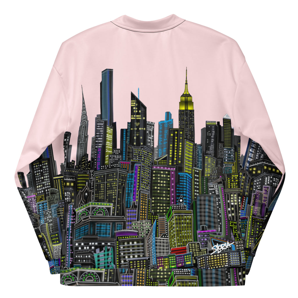 Back of jacket with a colorful cityscape design by Loria NYC Art on a light pink background