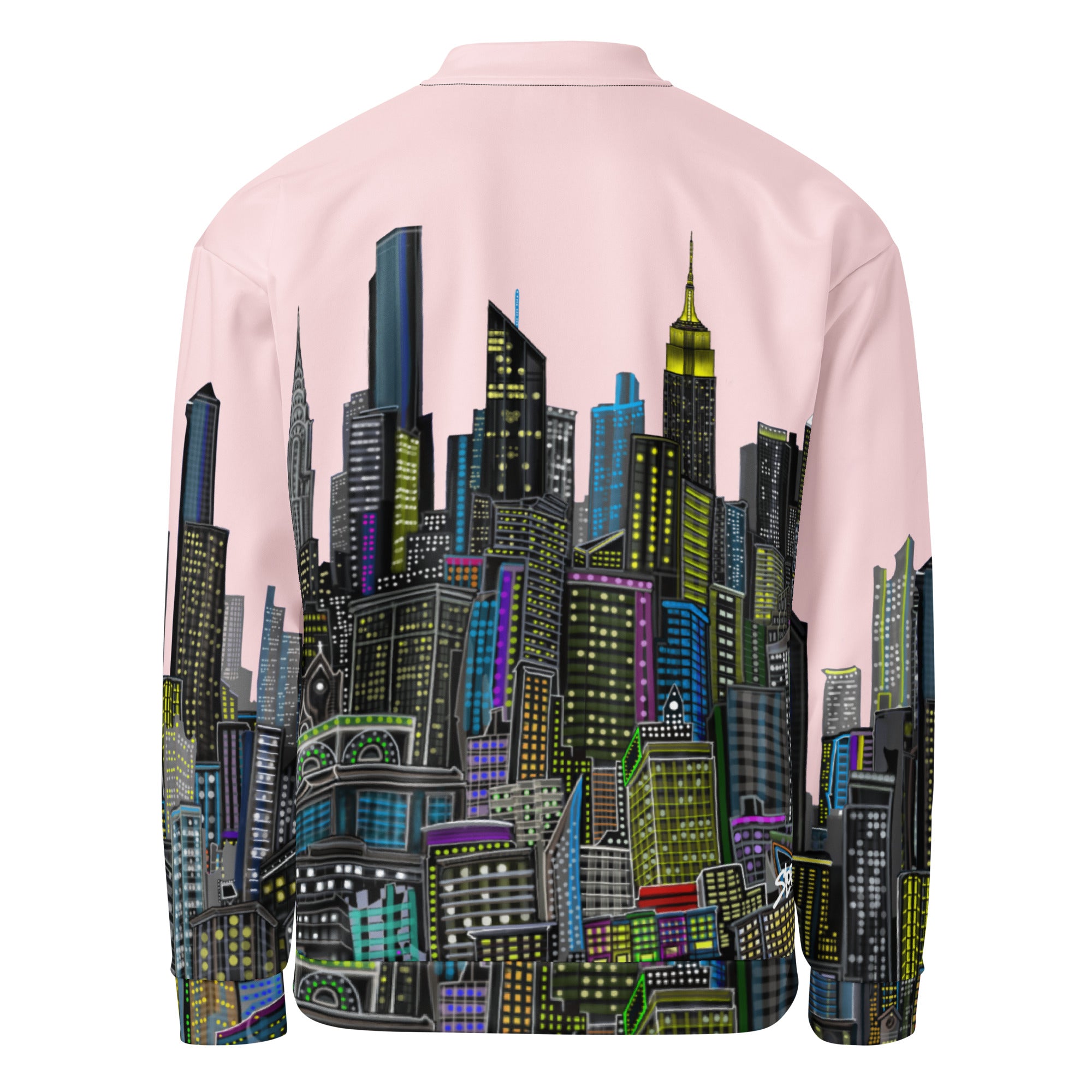 Pink jacket with a colorful cityscape design by Loria NYC Art on the back