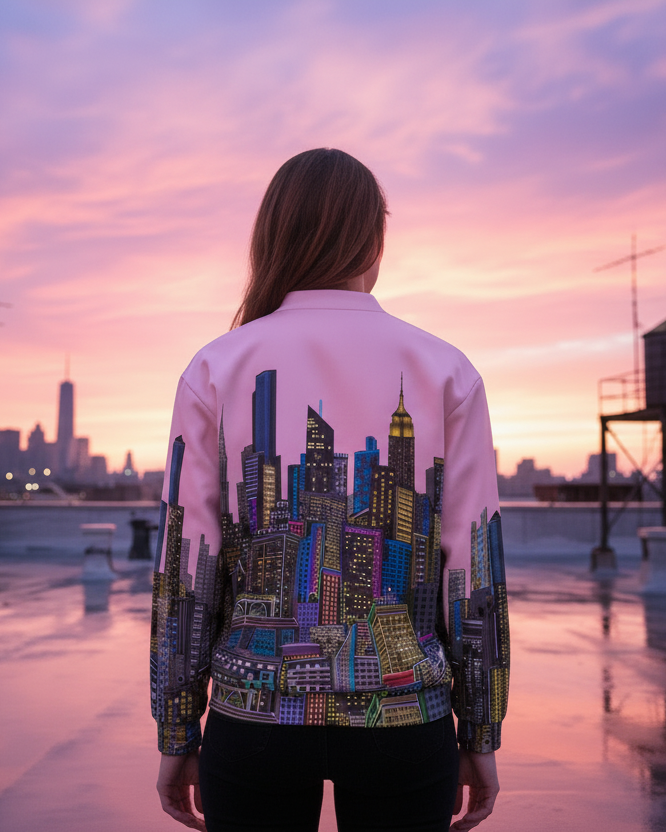 Person wearing a colorful cityscape jacket by Loria NYC Art  on a rooftop with a pink and purple sunset.
