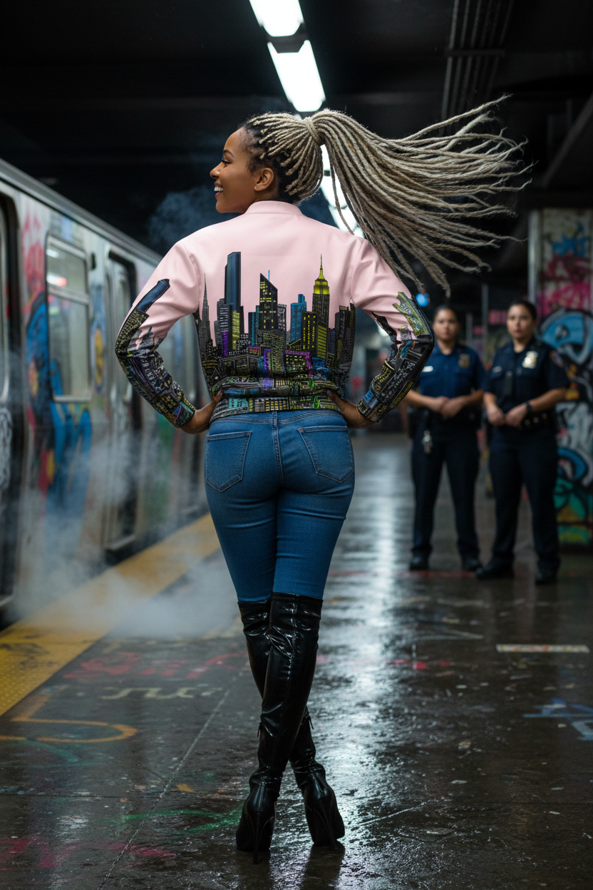 Person with a colorful Loria NYC Art cityscape shirt in a subway setting