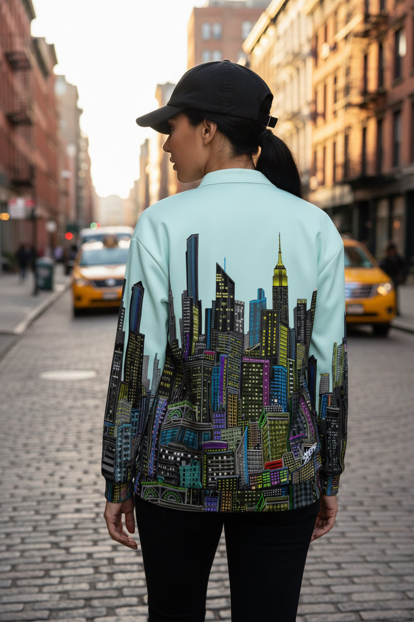 Backside of a Person wearing a light blue jacket with a cityscape designed by Loria NYC Art on the back