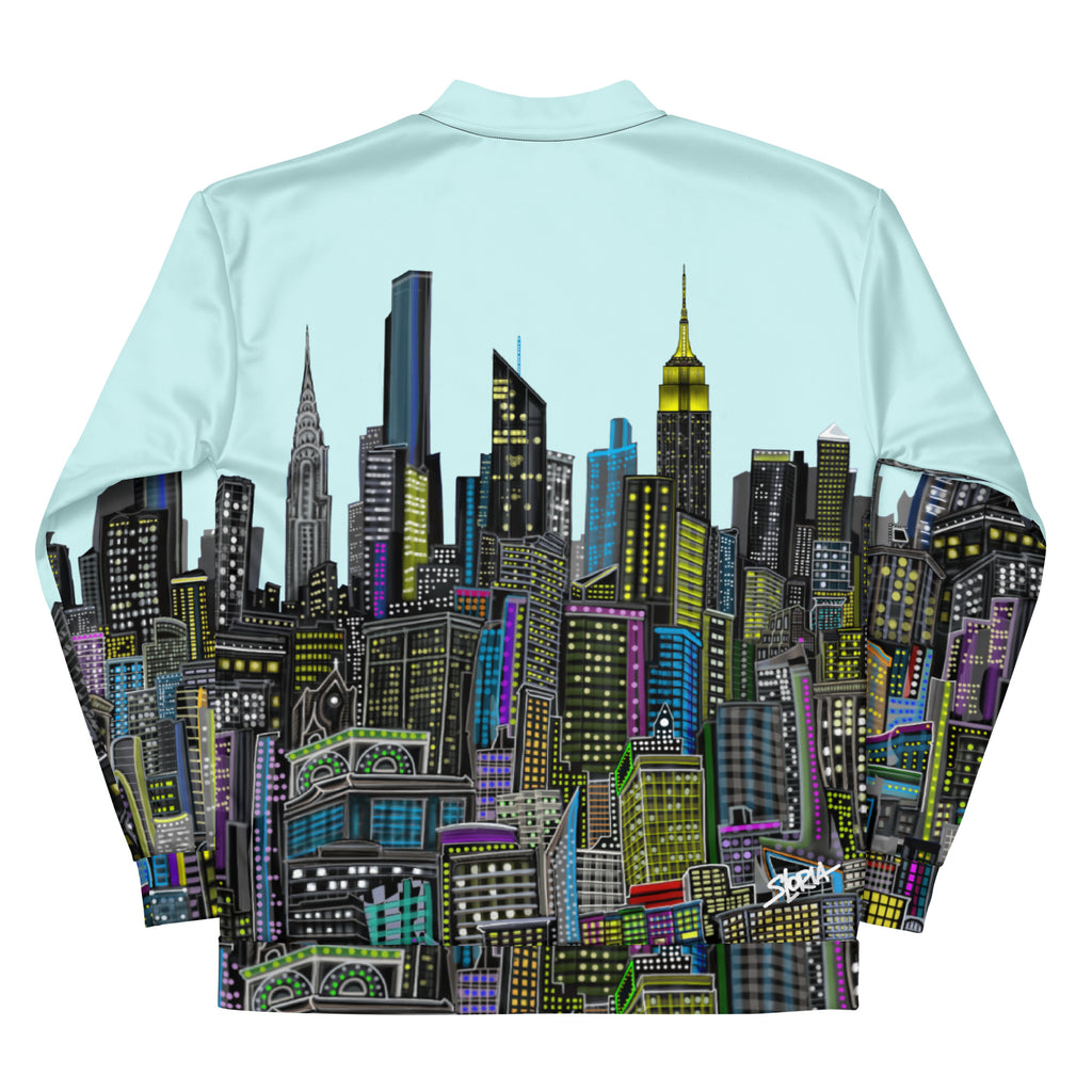 Back of jacket with a colorful city skyline designed by Loria NYC Art