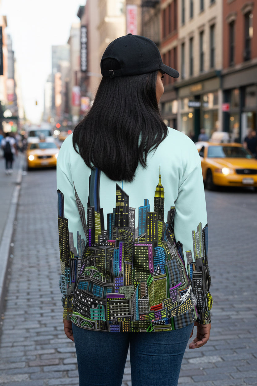 Person wearing a light blue sweatshirt with a colorful cityscape designed by Loria NYC Art on a white background