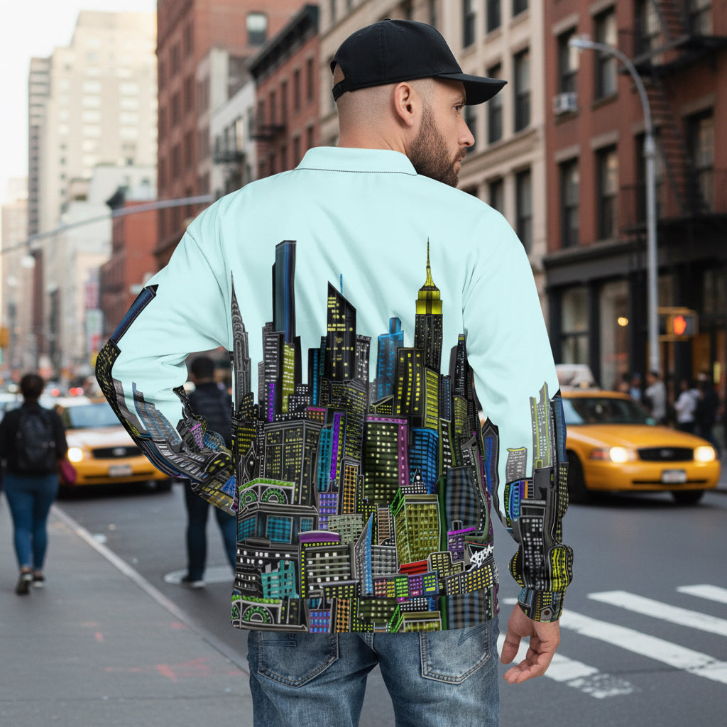 Man wearing a bomber jacket with a cityscape design by Loria NYC Art on the back