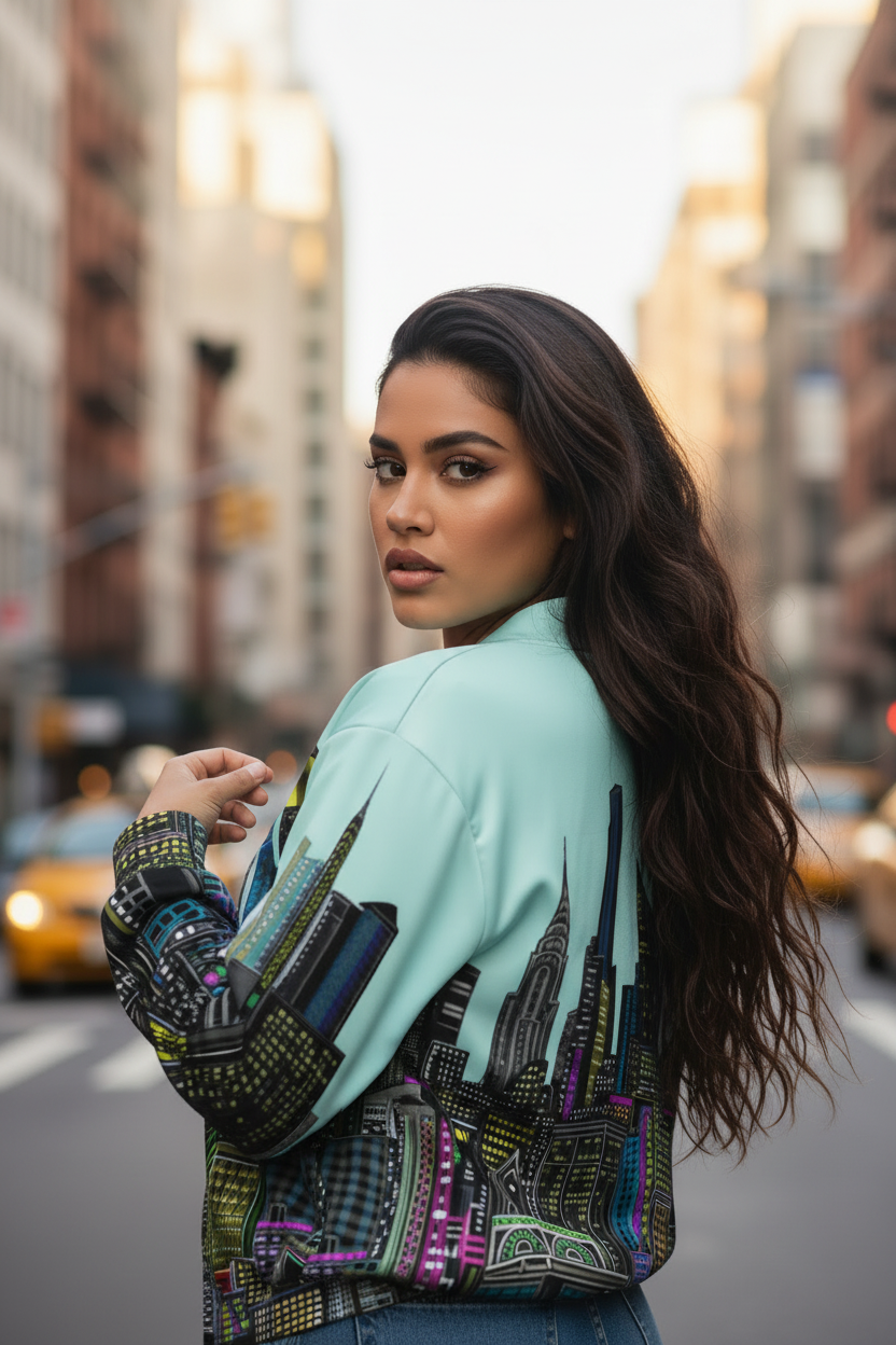 Woman in a colorful jacket designed by Loria NYC Art standing on a city street with taxis in the background