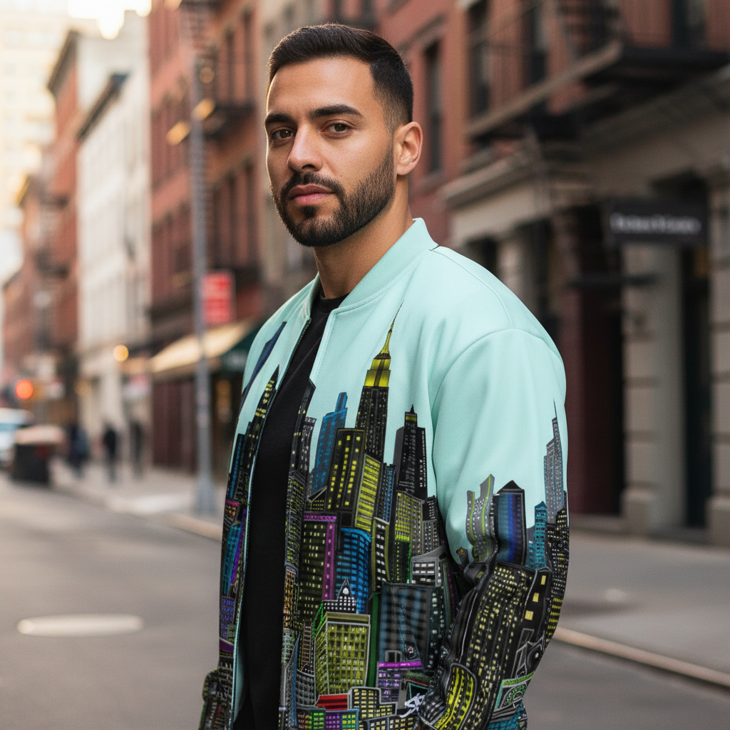 Man wearing a colorful cityscape jacket designed by Loria NYC Art on a city street