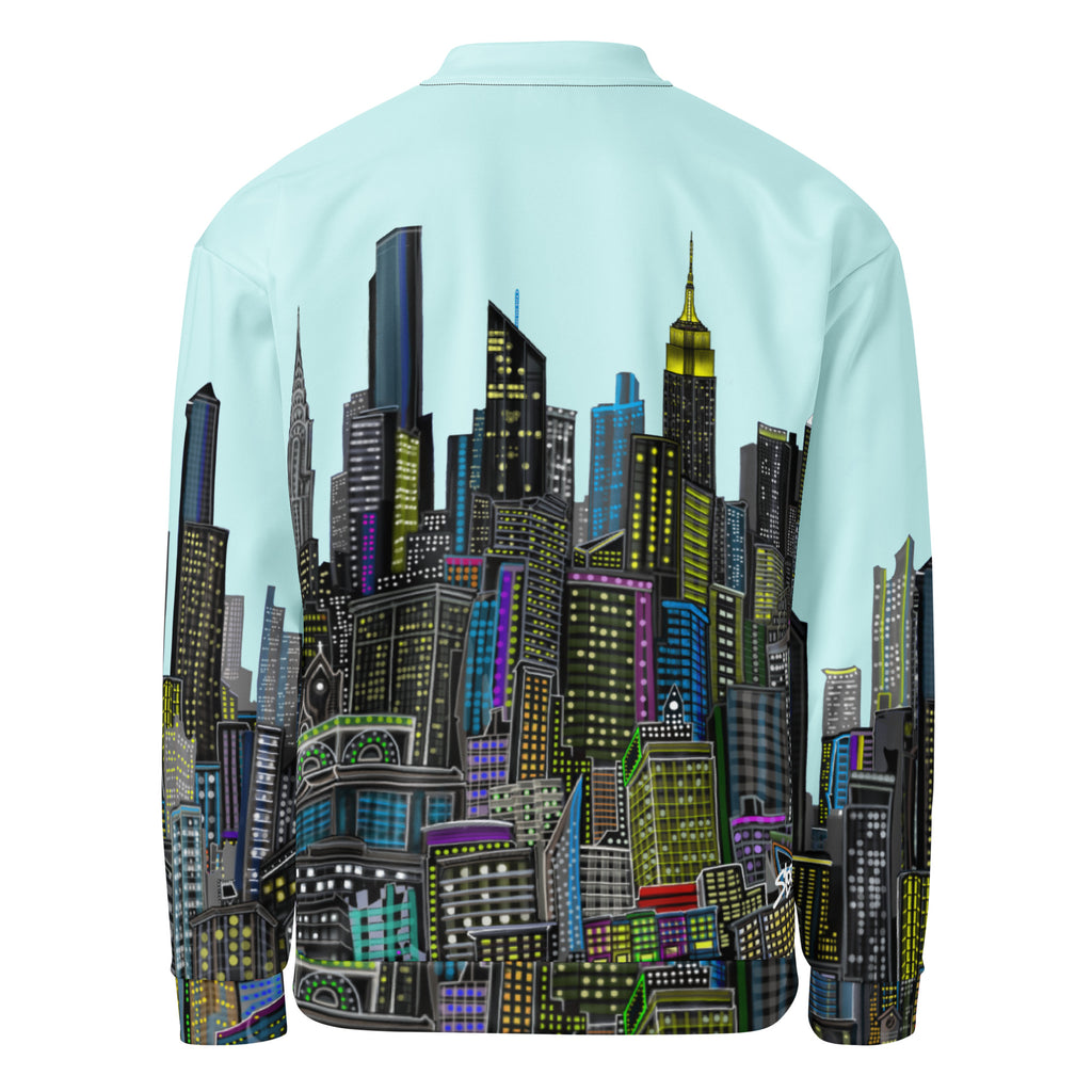Back of a cyan blue jacket with a colorful city skyline designed by Loria NYC Art