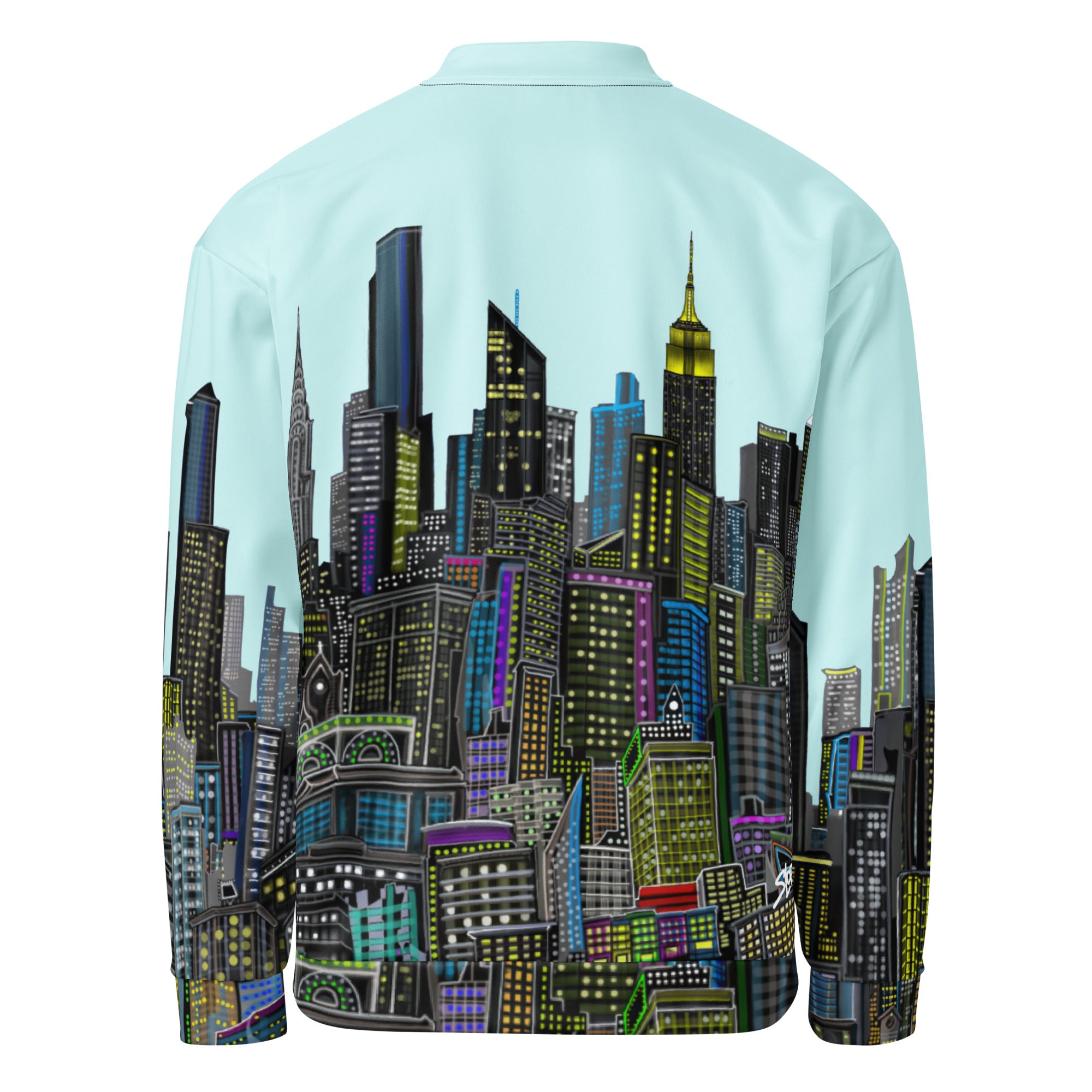 Back of a cyan blue jacket with a colorful city skyline designed by Loria NYC Art