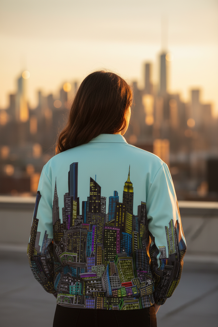Back of a Person wearing a jacket with a cityscape design by Loria NYC Art, standing against a city skyline at sunset.