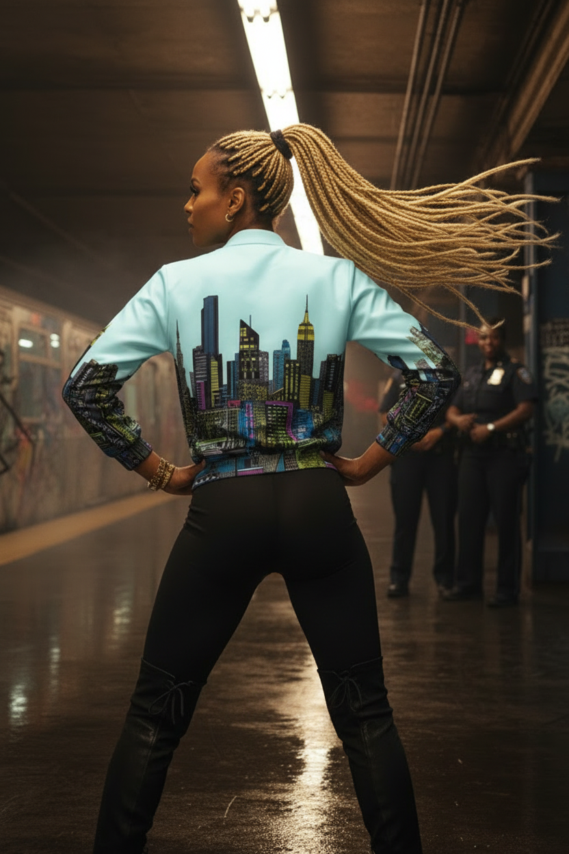 Person wearing a light blue jacket with a cityscape Loria NYC Art design in an indoor setting.