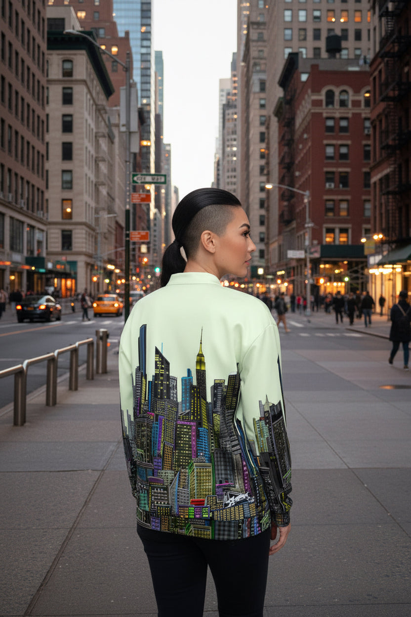 Back of a Person wearing a light green Loria NYC Art jacket with a cityscape design on the back, on a white background