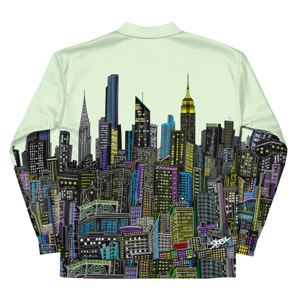 Back View with folded sleeves of a Jacket with cityscape design by Loria NYC Art on a light green background