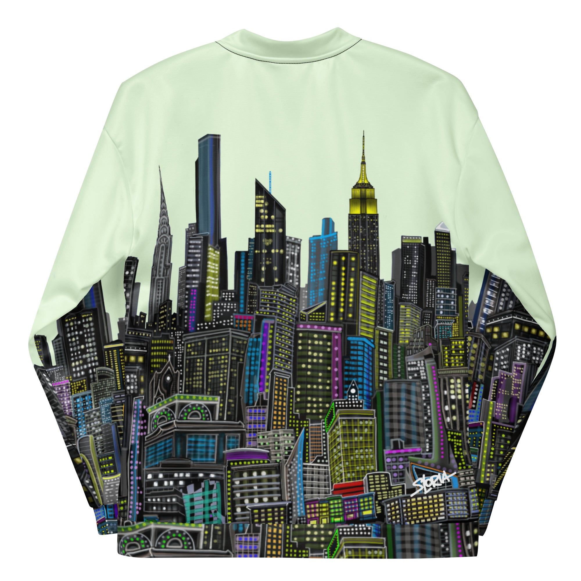 Folded sleeves of a light green Jacket with cityscape design by Loria NYC Art on back