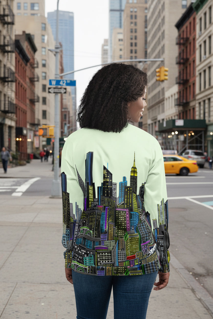 Backside of Person wearing a light green bomber with a colorful Loria NYC Art cityscape design on the back.