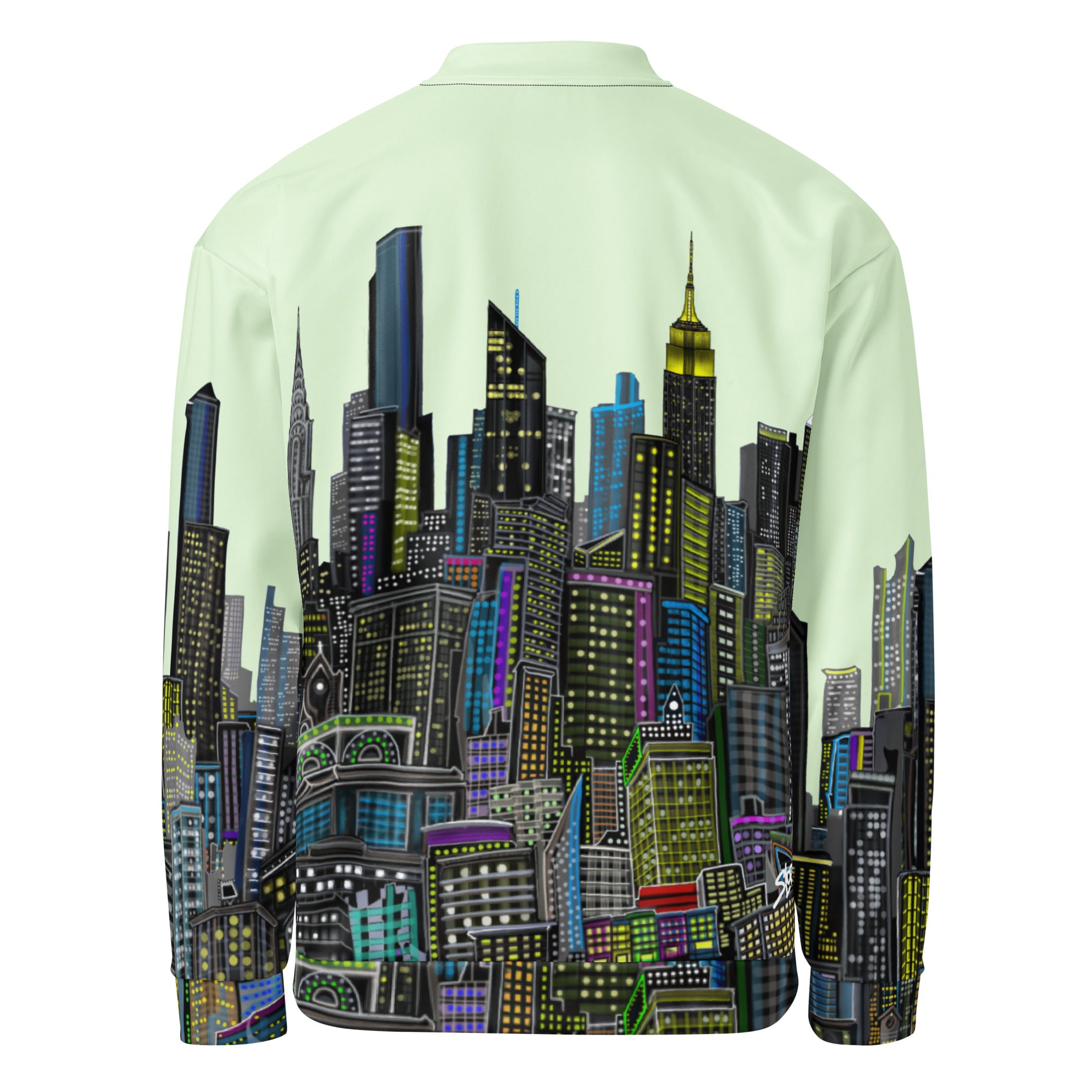 Back of Light green shirt with a colorful cityscape designed by Loria NYC Art on the back
