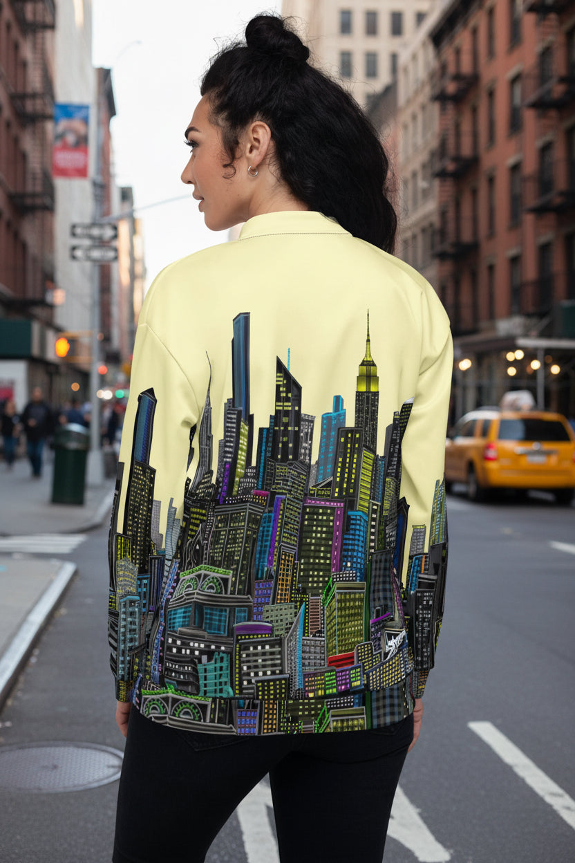 Back of Girl wearing a bomber jacket with a colorful city skyline design by Loria NYC Art