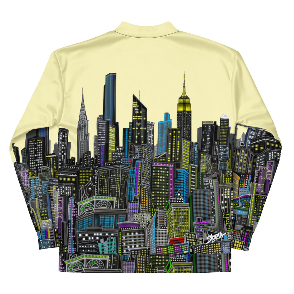 Sleeves folded on back of bomber jacket with yellow colorful city skyline design by Loria NYC Art