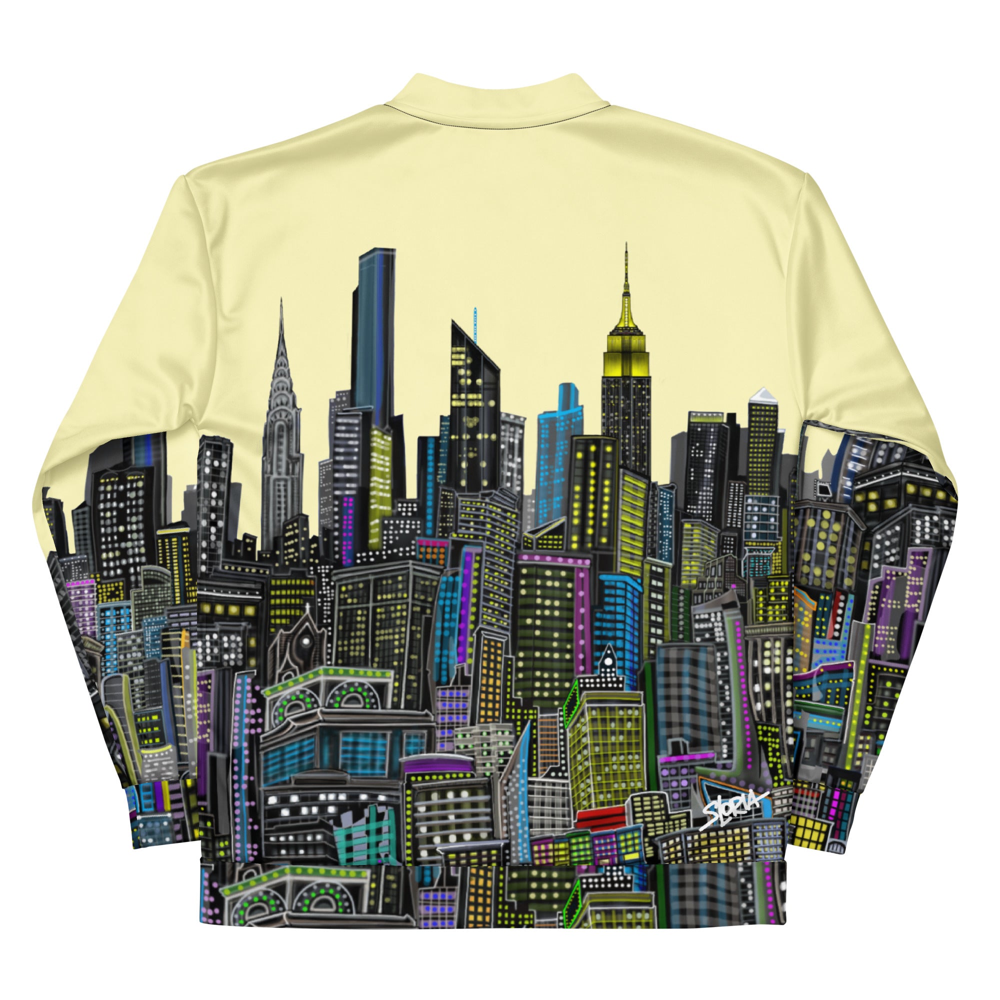 Sleeves folded on back of bomber jacket with yellow colorful city skyline design by Loria NYC Art