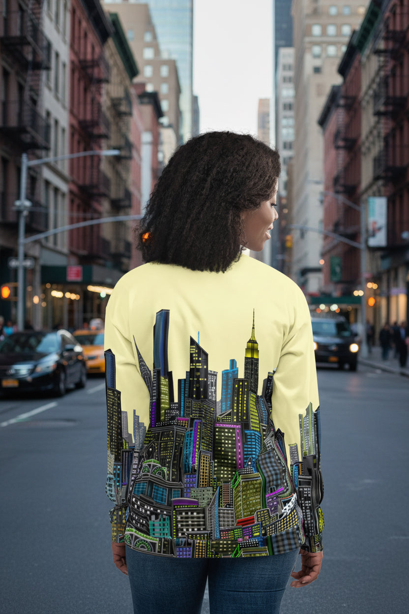 Back of women wearing a  jacket with a colorful city skyline design by Loria NYC Art