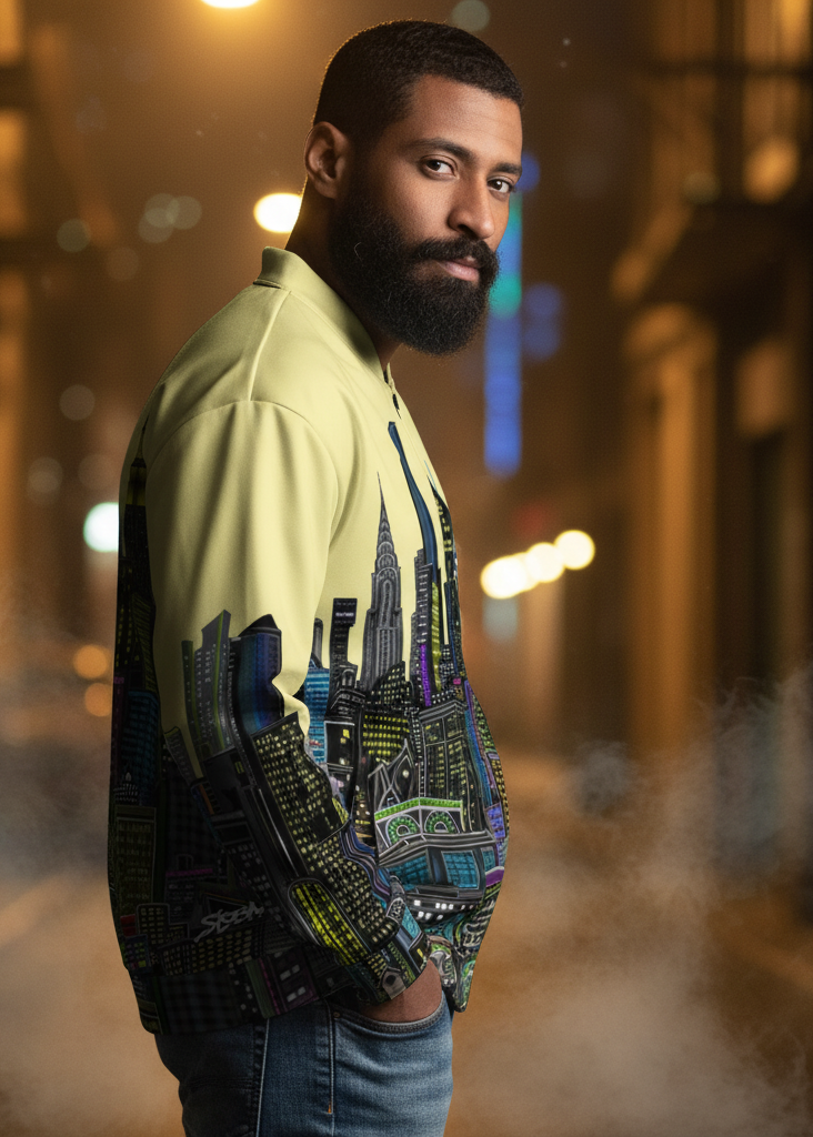 Man wearing a colorful Loria NYC Art cityscape jacket standing in a smoky alleyway.