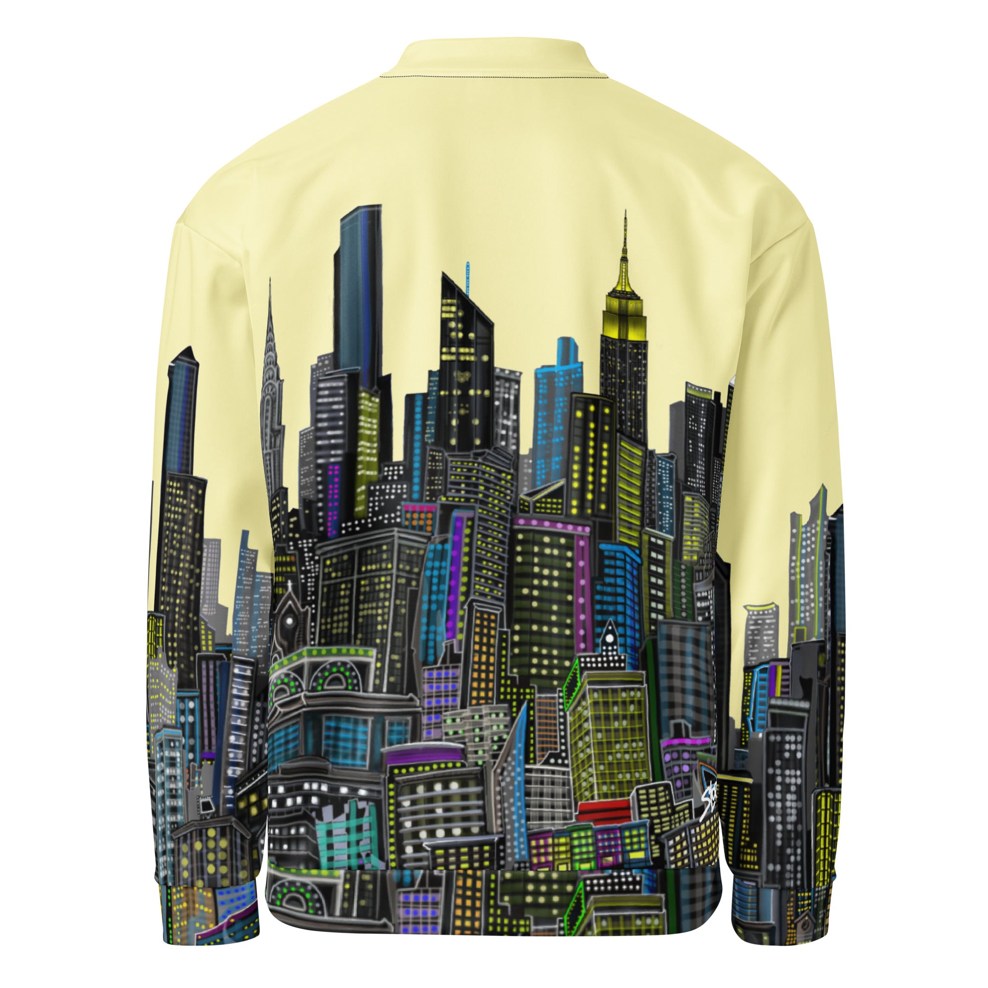 Back view of light yellow colorful city skyline bomber jacket design by Loria NYC Art