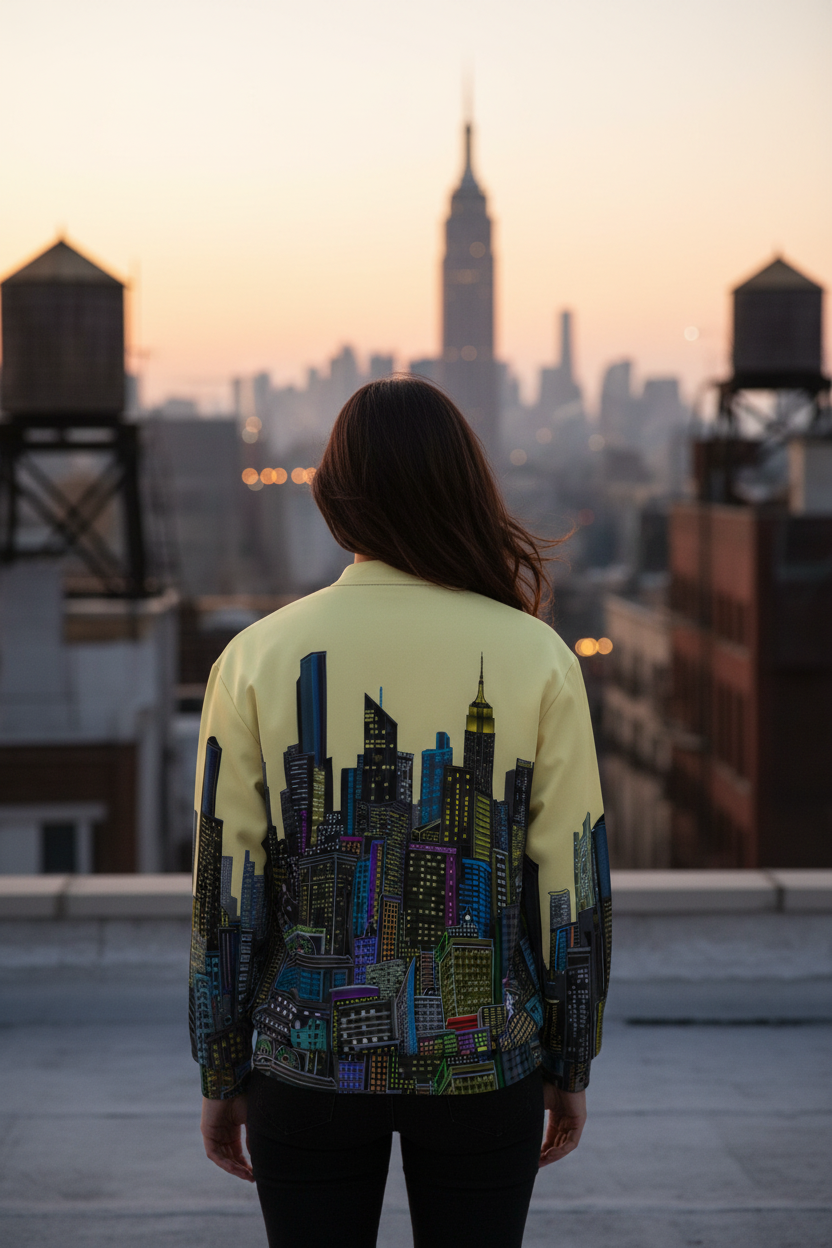 Person wearing a cityscape Loria NYC Art jacket with a skyline view in the background