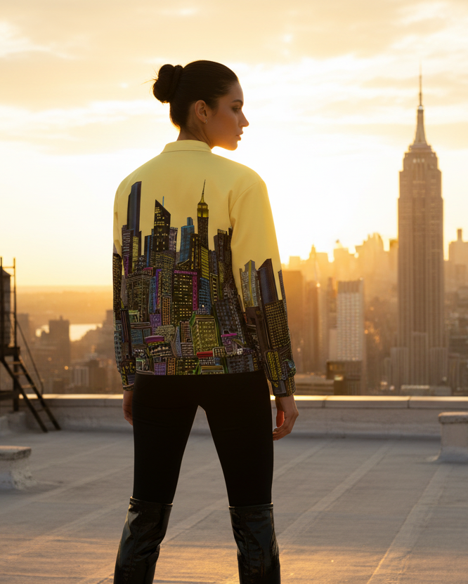 Person wearing a colorful cityscape Loria NYC Art jacket on a rooftop with a city skyline in the background during sunset.