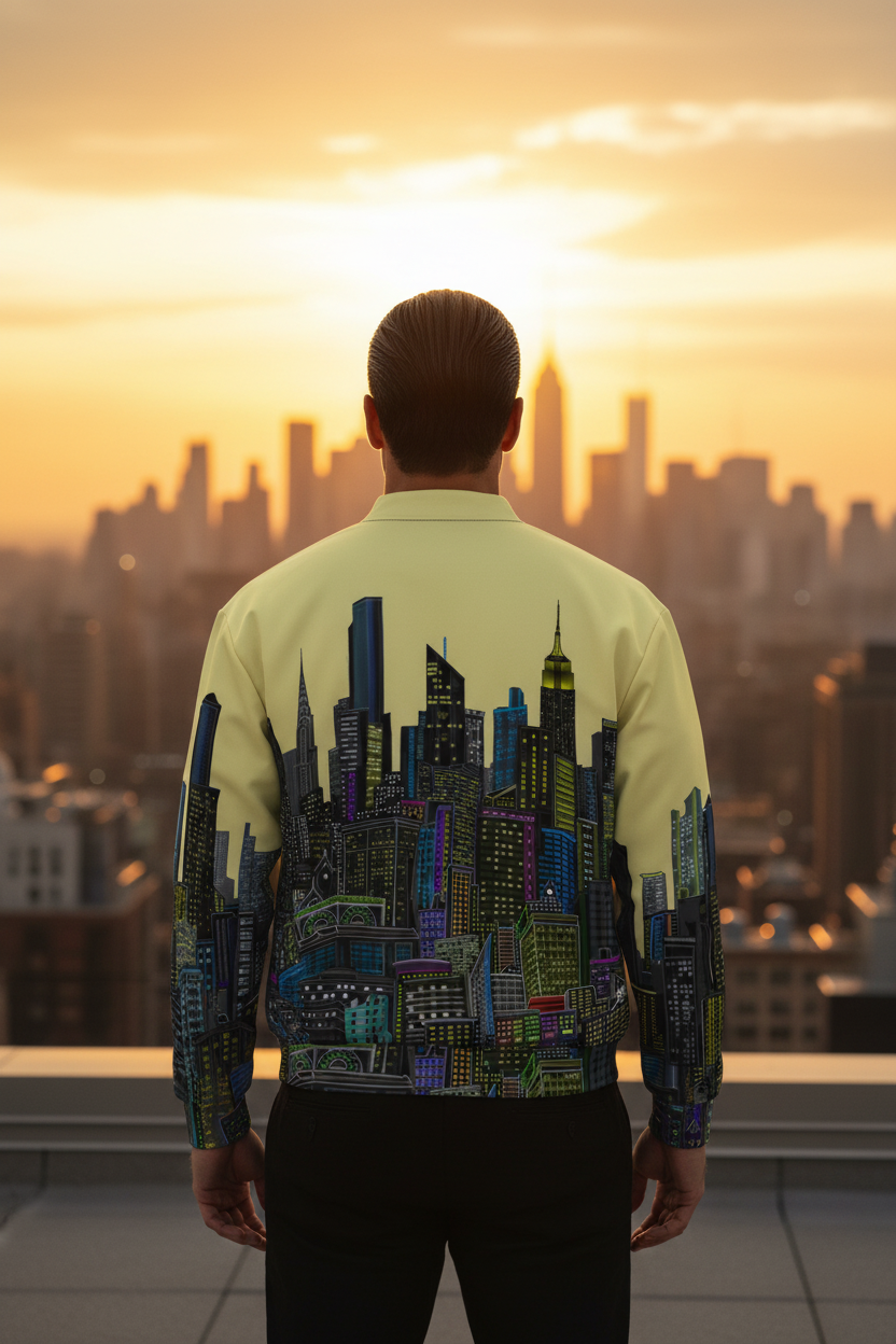 A man viewed from behind wearing a light yellow-green bomber jacket with a large, detailed graphic of a Loria NYC Art skyline printed across the back and sleeves in dark blue, green, and purple tones. He is standing on a rooftop terrace with a blurred cityscape and a warm sunset sky in the background.