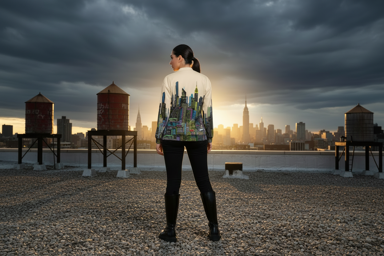 Person wearing a Loria NYC Art jacket standing on a rooftop with a cityscape view and dark clouds in the sky