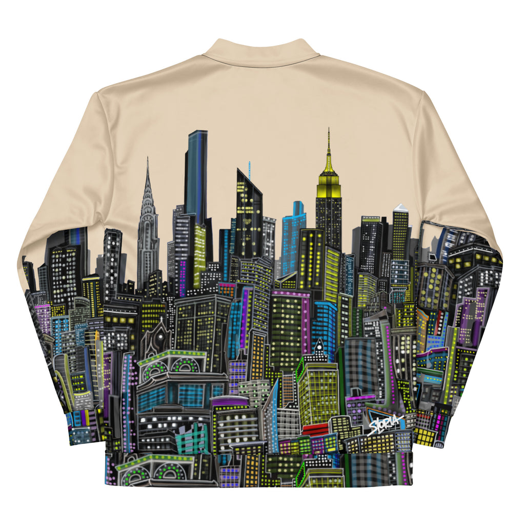 Back of jacket with folded sleeves and colorful cityscape Loria NYC Art design 