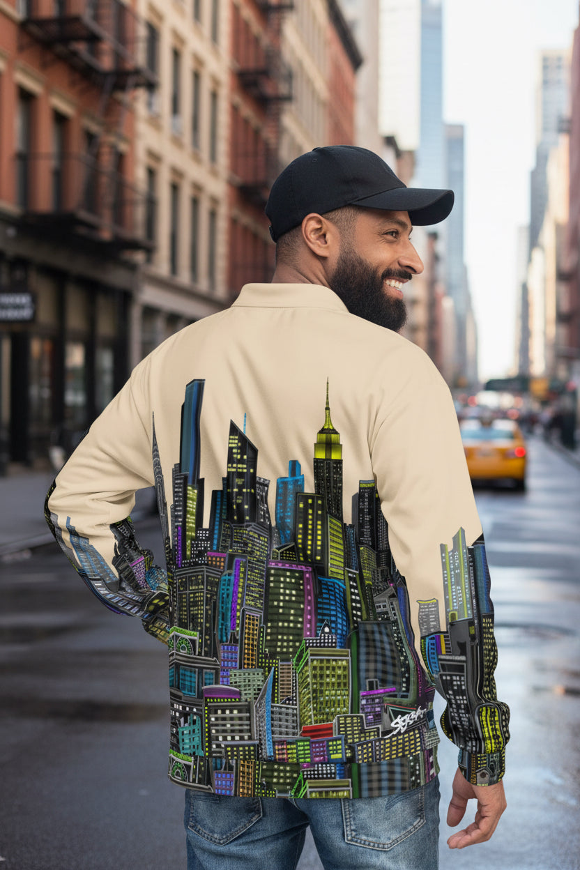 Person wearing a jacket with a Loria NYC Art cityscape design on the back, standing against a white background