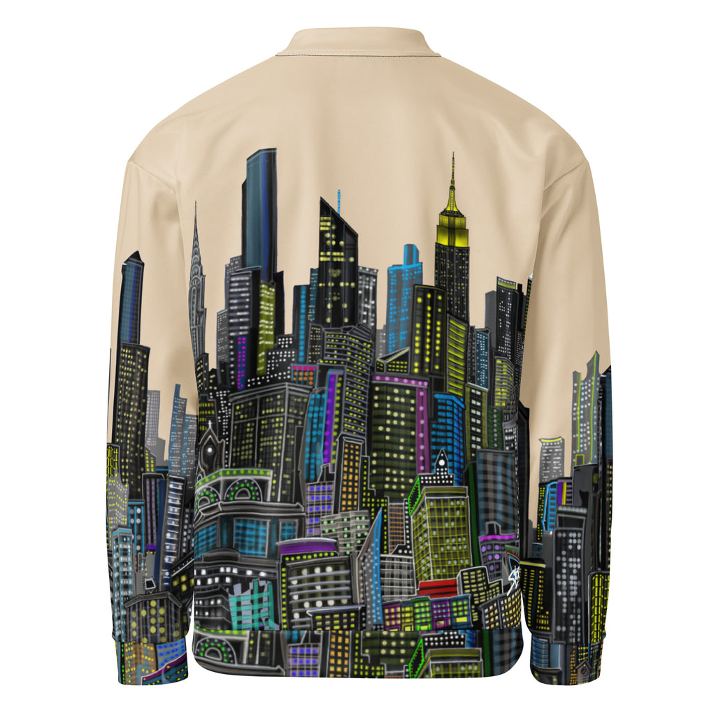 Back of beige jacket with a colorful cityscape Loria NYC Art design on the back
