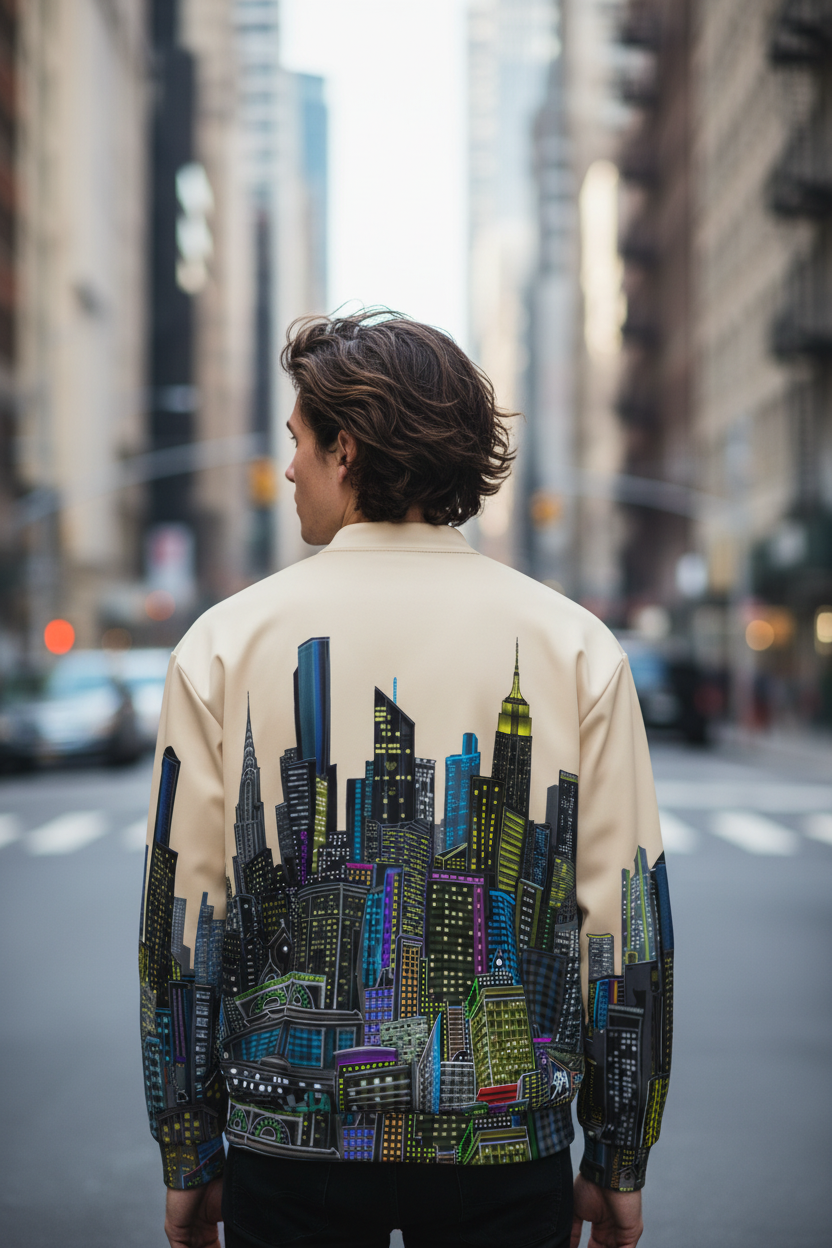 Person wearing a jacket with a Loria NYC Art cityscape design on a city street