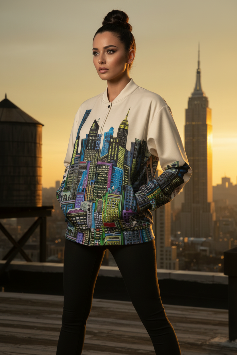 Woman wearing a colorful Loria NYC Art cityscape jacket with a city skyline in the background