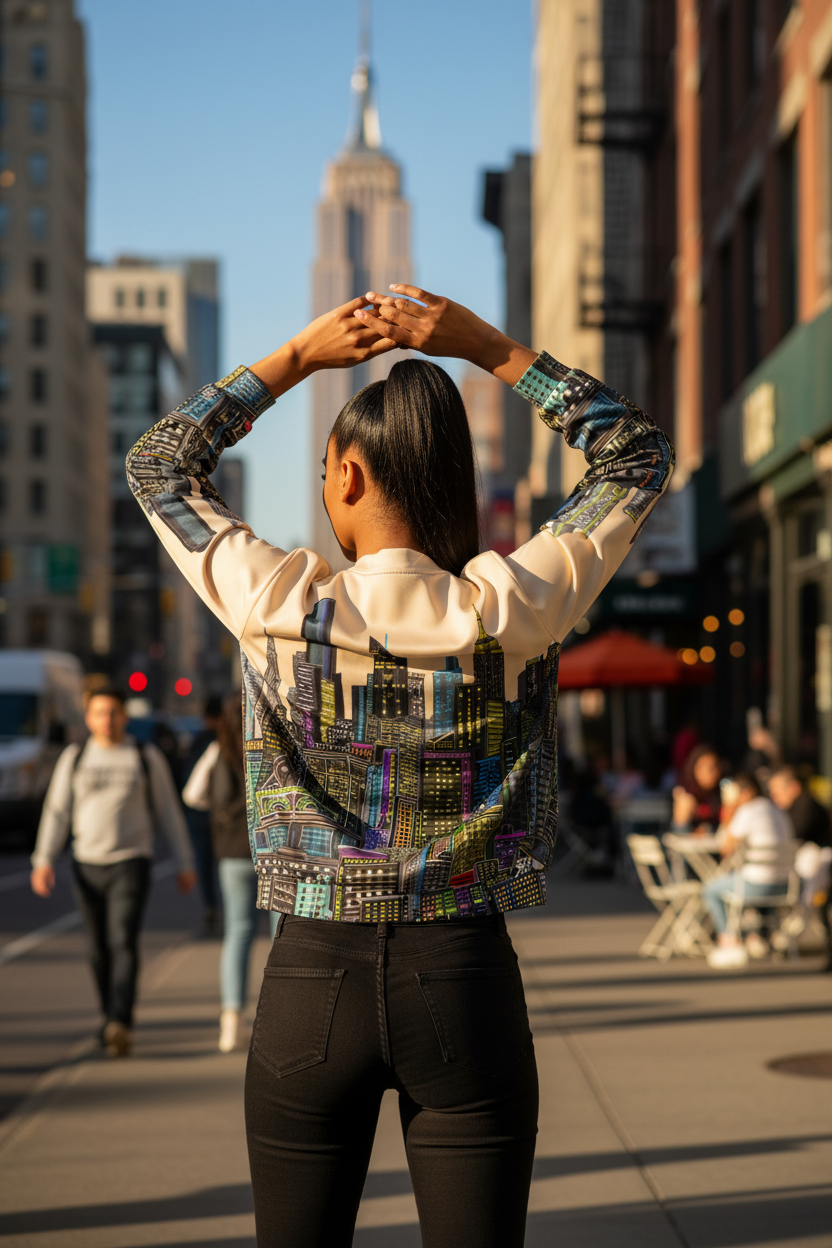 Person wearing a colorful Loria NYC Art jacket in an urban setting with the Empire State Building in the background