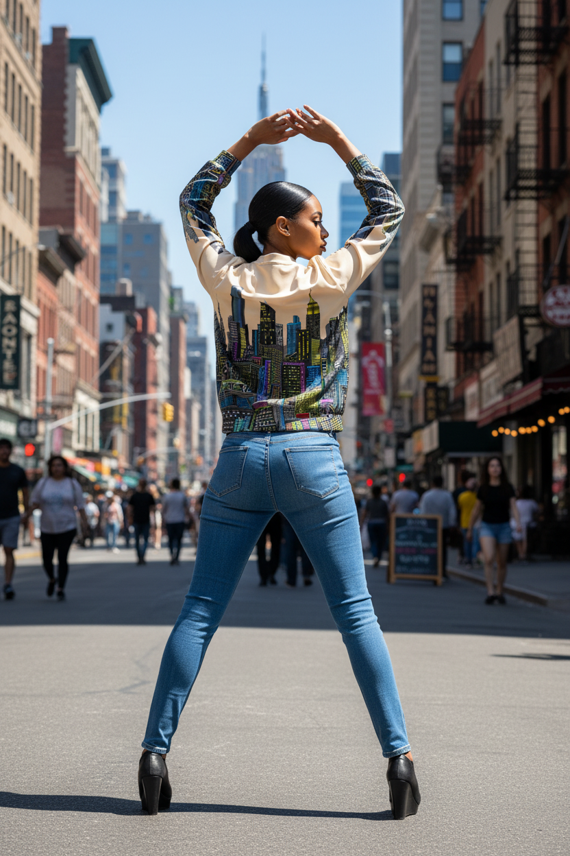 Woman in a colorful Loria NYC Art jacket and blue jeans standing on a city street with tall buildings in the background.