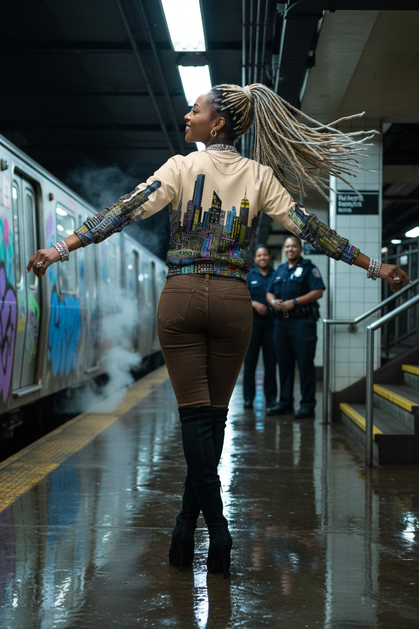 Girl smiling and posing in a colorful city skyline on back of  jacket designed by Loria NYC Art 