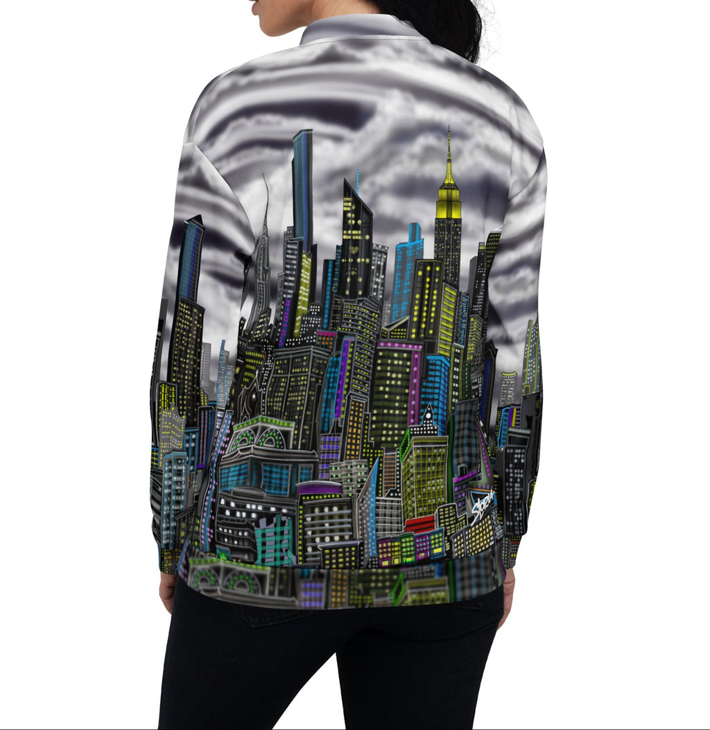 Back of Person wearing a jacket with a cityscape design by Loria NYC Art on a white background