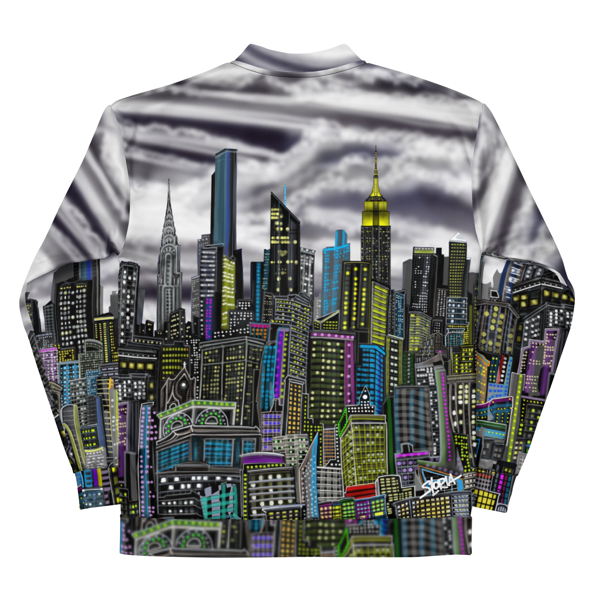 Folded sleeves on the back of a  bomber jacket with a stormy city skyline designed on a jacket by Loria NYC Art