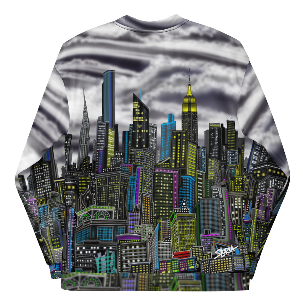 Back of a bomber jacket with Folded sleeves and a stormy city skyline designed by Loria NYC Art