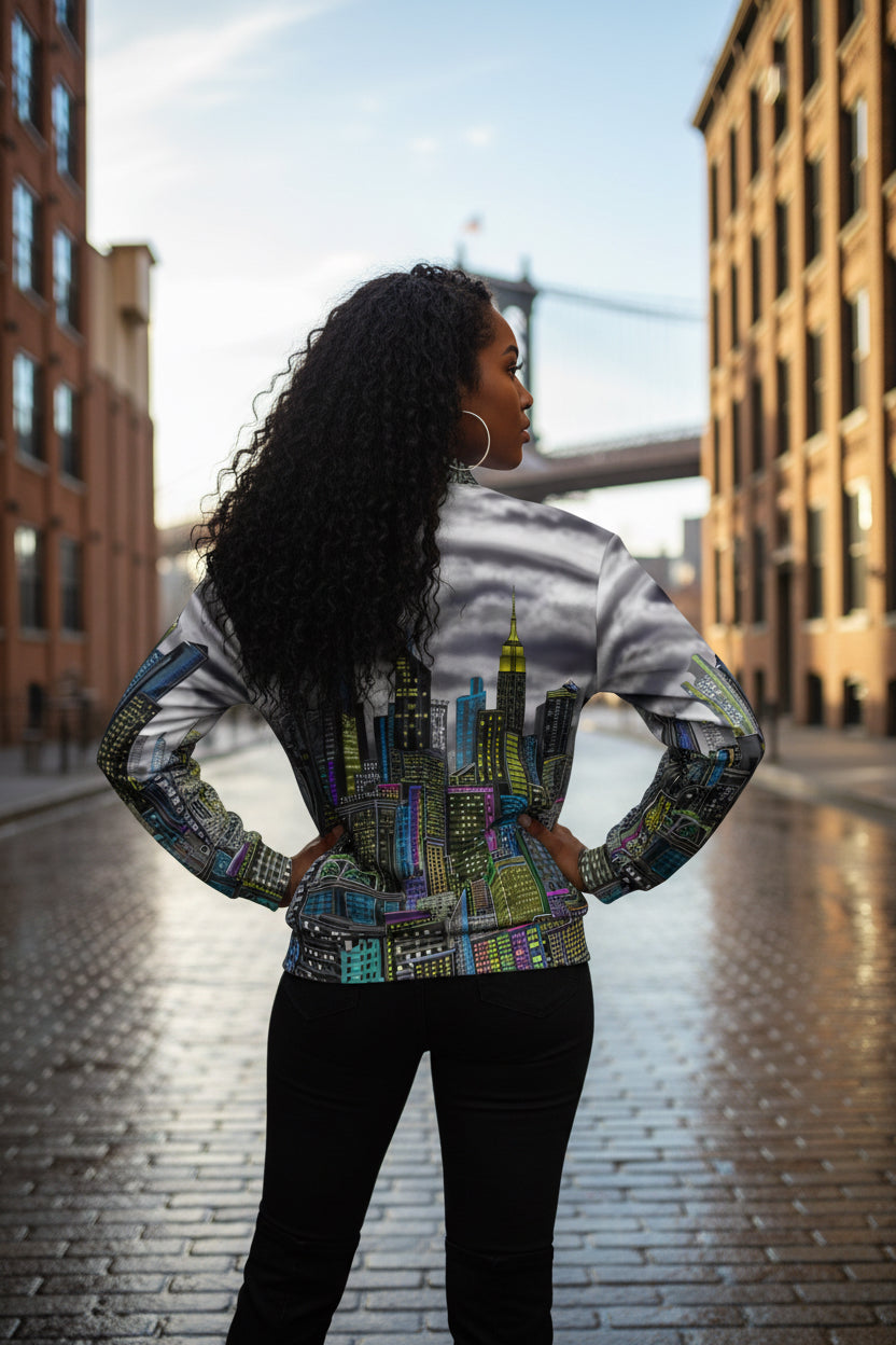 Person wearing a jacket with a cityscape  designed by Loria NYC Art on a white backdrop