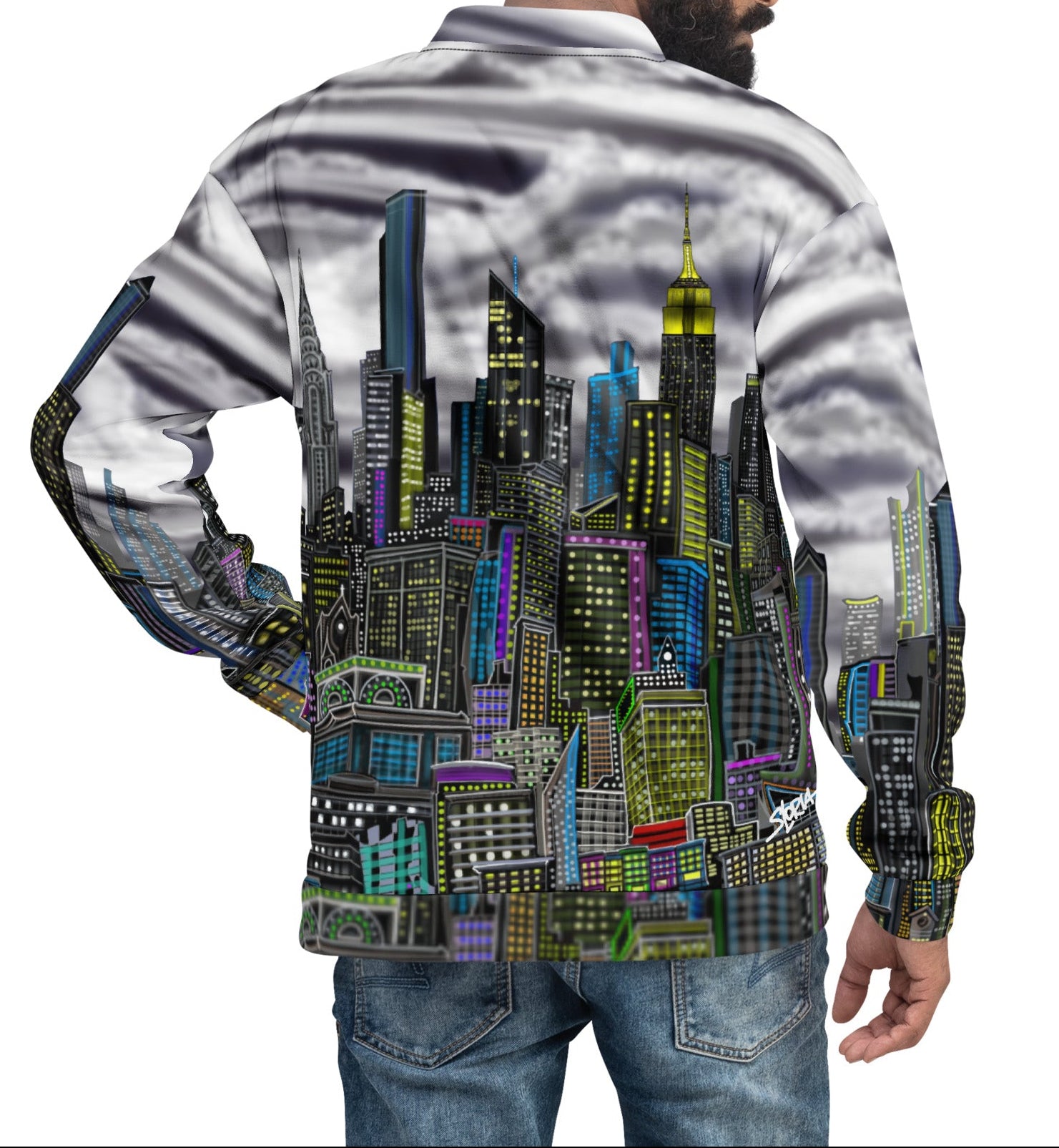 Back of guy posing In a jacket with stormy clouds and city scape by Loria NYC Art 