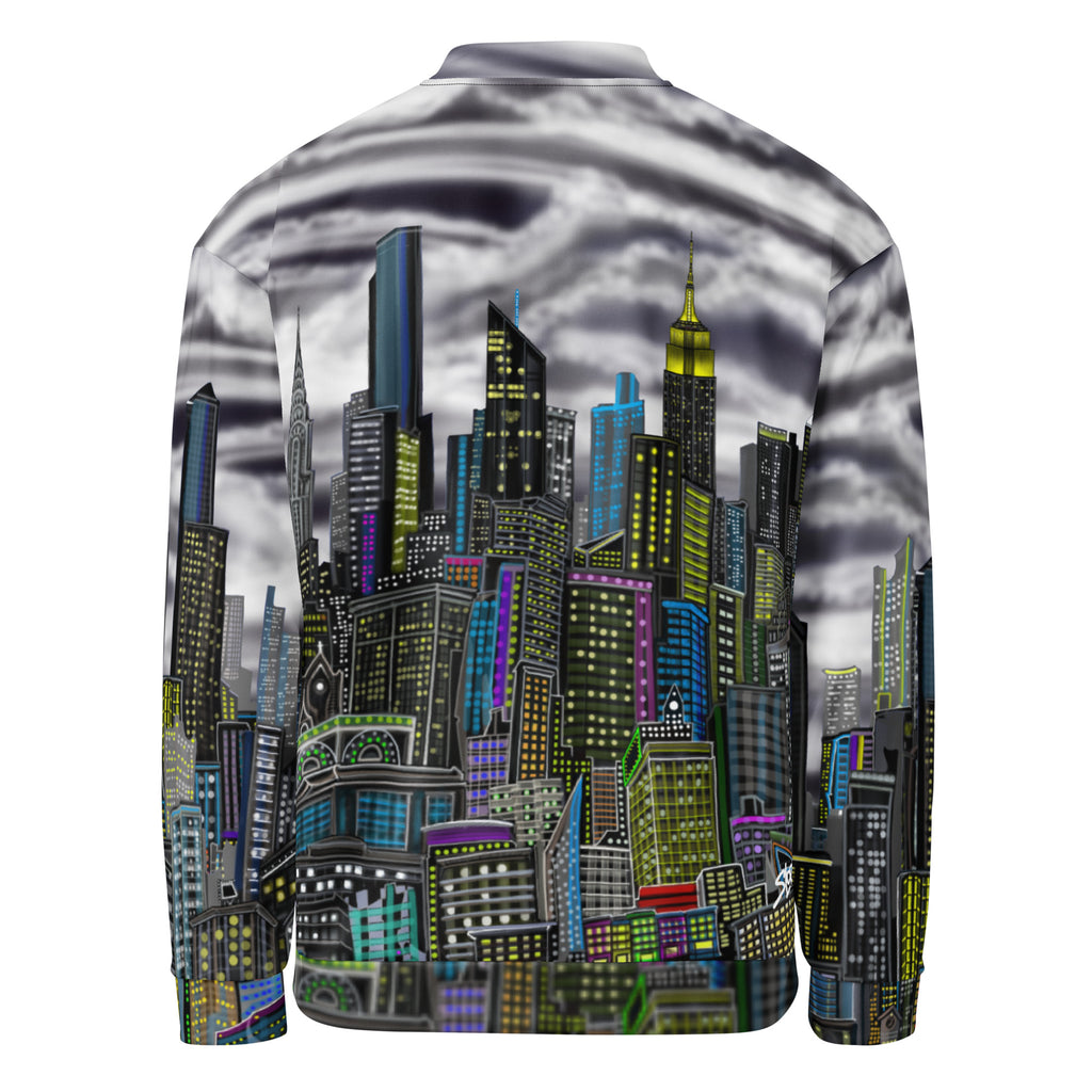 Bomber jacket with a cityscape design on the back, featuring tall buildings and colorful lights by Loria NYC Art