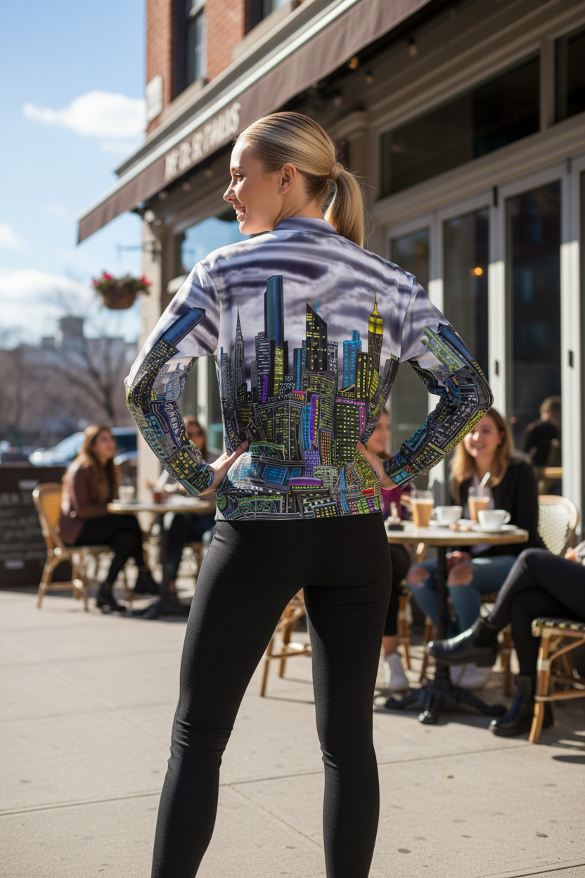 Woman wearing a colorful Loria NYC Art jacket with cityscape design on a street scene.