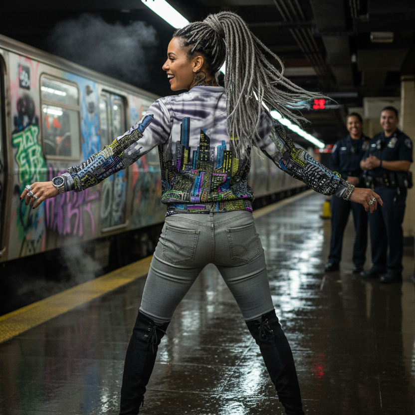 Person dancing in a subway station with graffiti on the walls and city jacket designed by Loria NYC Art