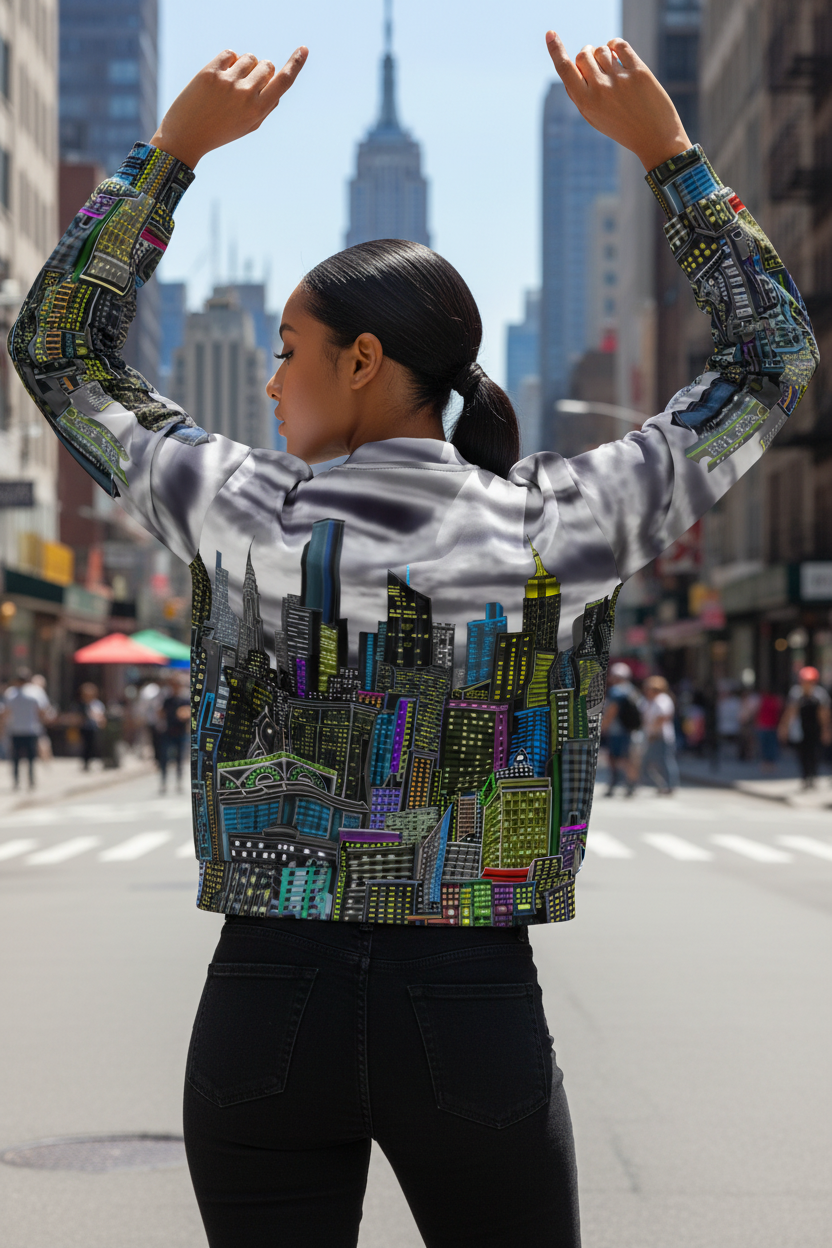 Person wearing a colorful Loria NYC Art jacket with cityscape design in an urban setting