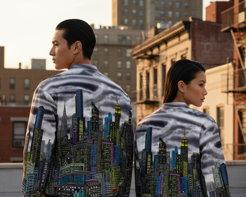 Two people wearing matching jackets with cityscape Loria NYC Art design on a rooftop.