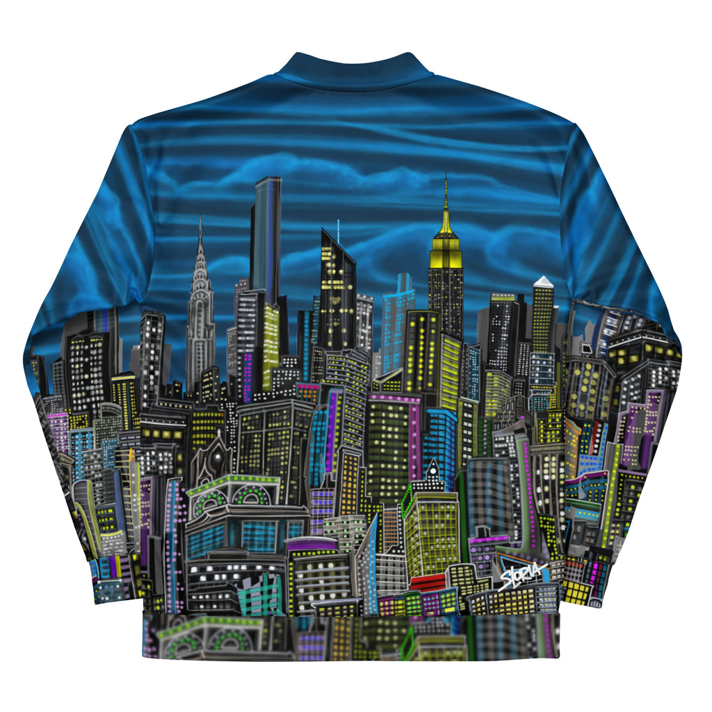 Folded Long-sleeve jacket with a cityscape designed by Loria NYC Art on a white background