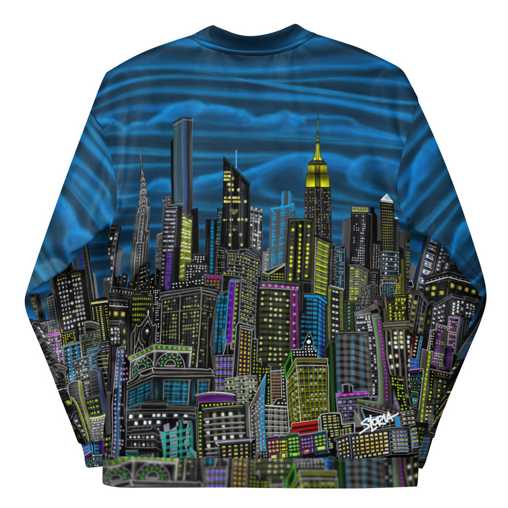 Back view of Folded Long-sleeve jacket with a cityscape designed by Loria NYC Art on a white background